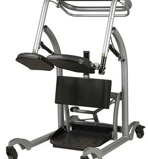 A black and silver chair is on wheels